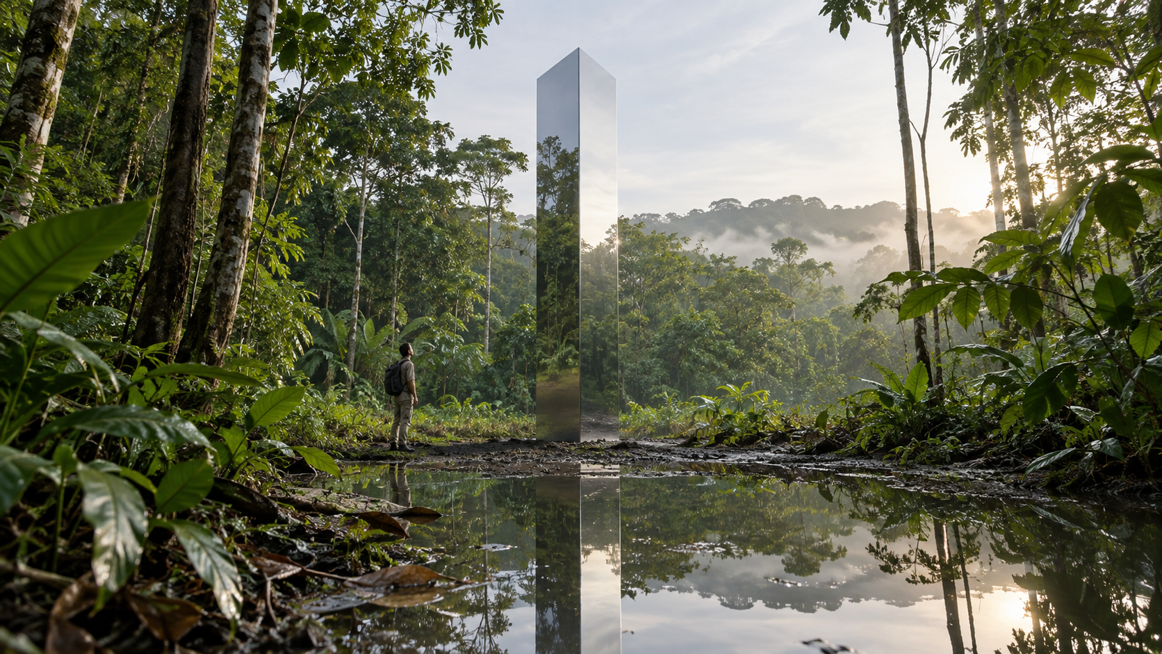 A person observes a mirrored monolith in a tropical forest clearing