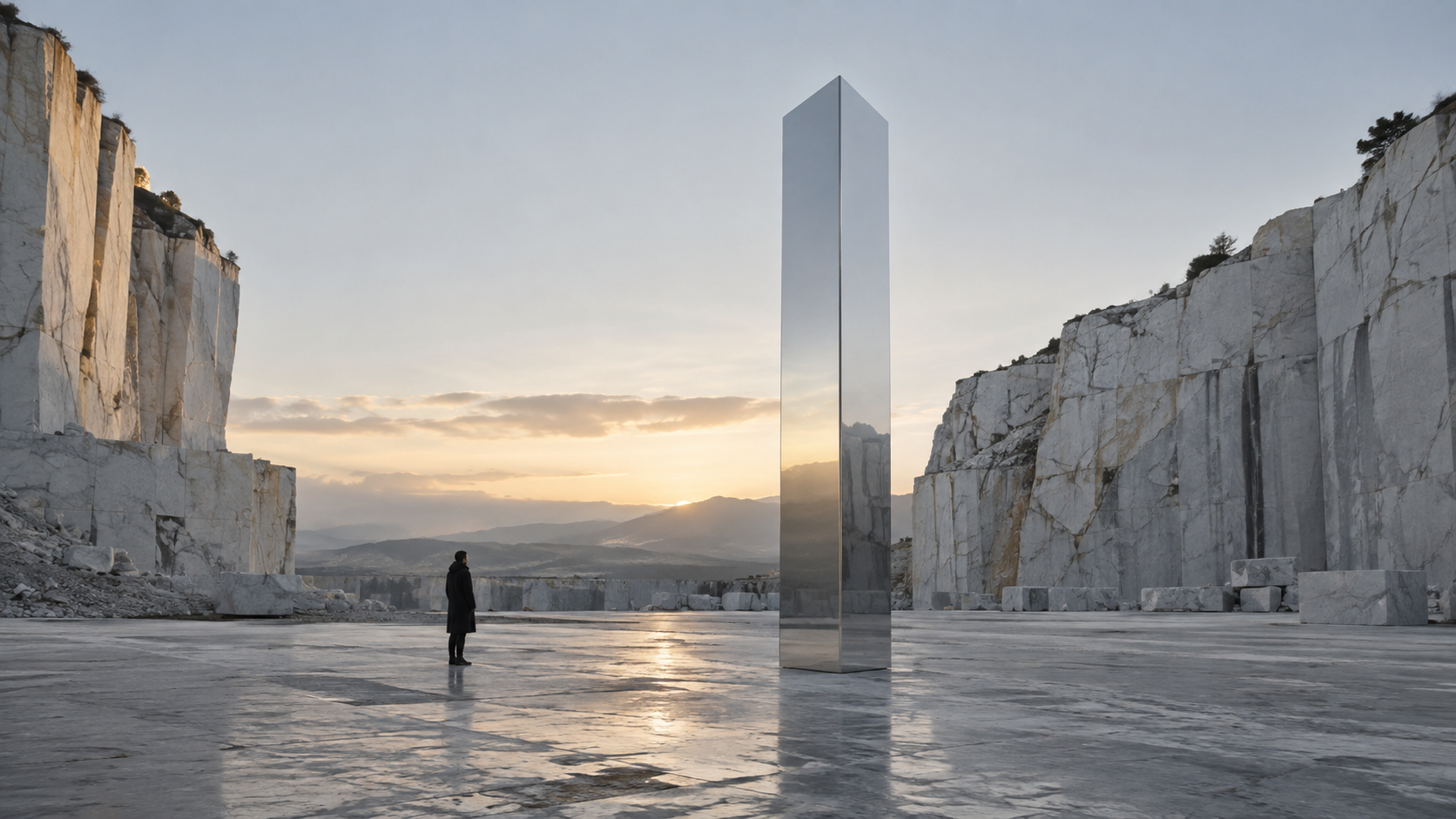 A person beside a steel monolith in a monumental limestone landscape